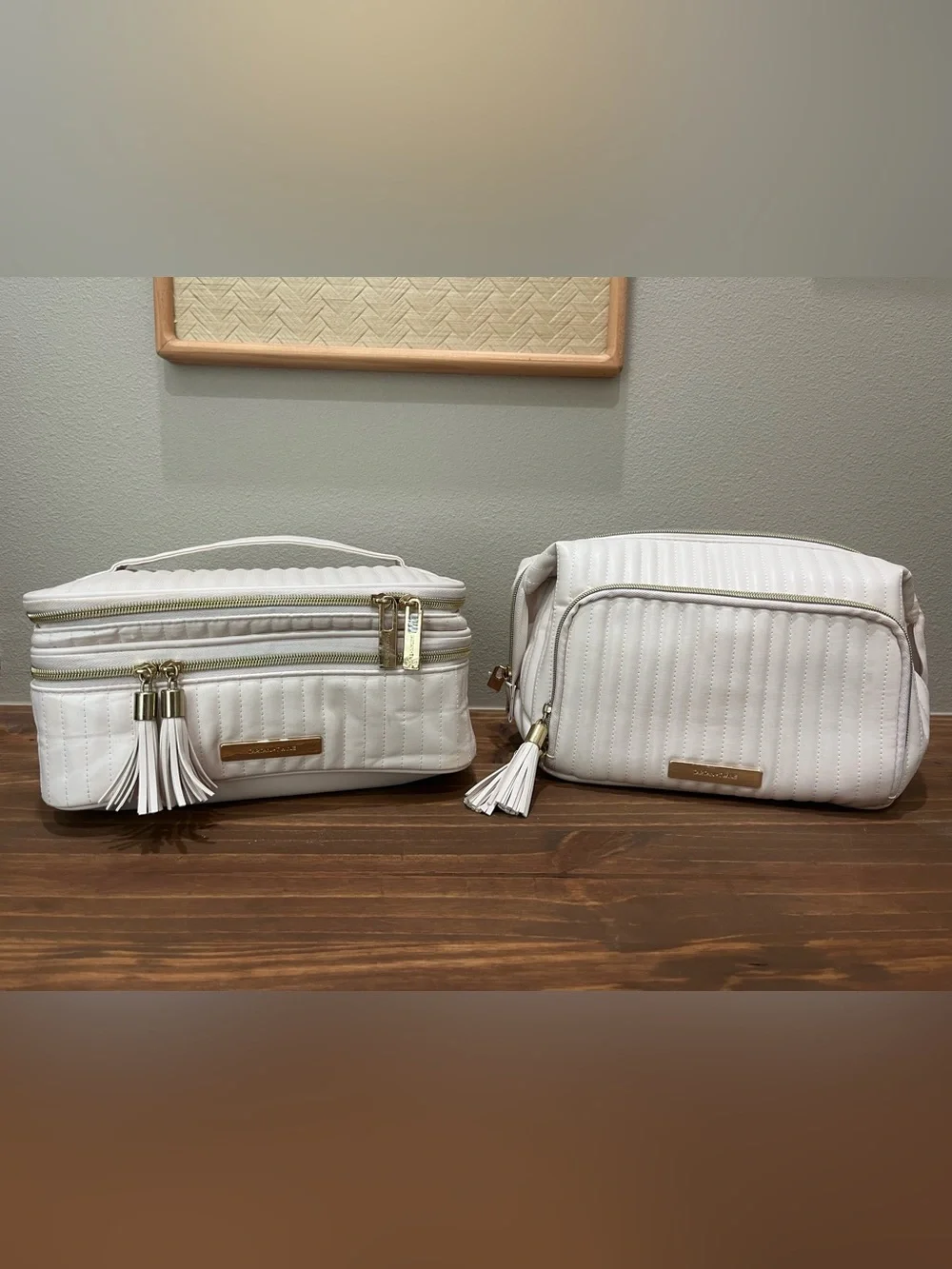 $98 TARTAN + Twine Cream Quilted Cosmetic & Toiletry Travel Case w/Tassel Zipper